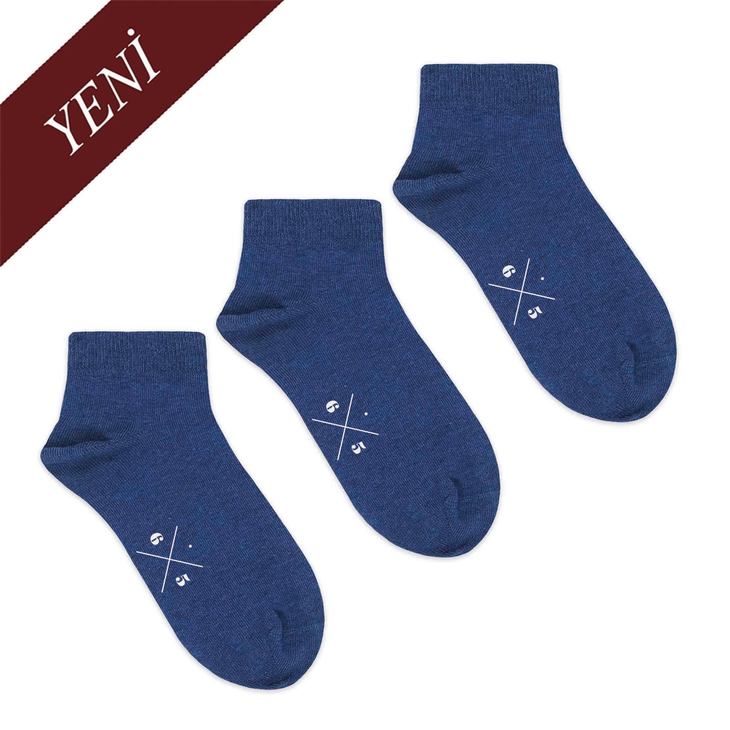 SHORT INDIGO BLUE MELANGE 3 PACK İndigo Mavi Melanj Düz Kısa Unisex Çorap Seti - sixtimesfive