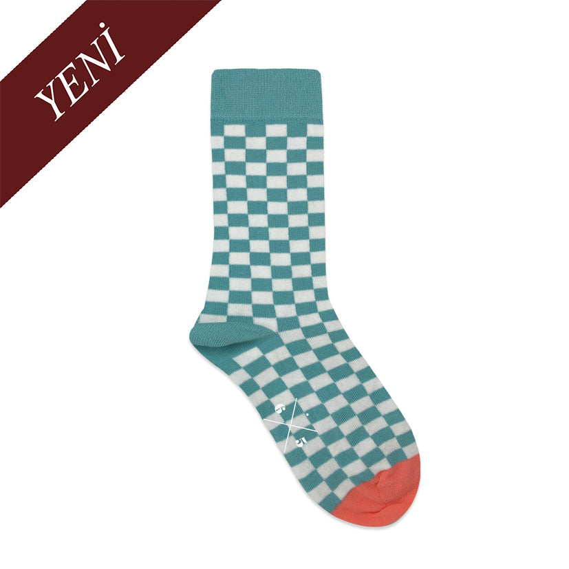 CHECKER BABY BLUE Mavi Ekru Kareli Desenli Unisex Çorap - sixtimesfive