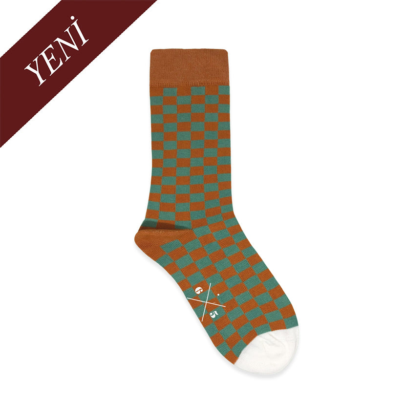 CHECKER BURNT ORANGE & MINT Turuncu Mint Yeşil Kare Desenli Unisex Çorap - sixtimesfive