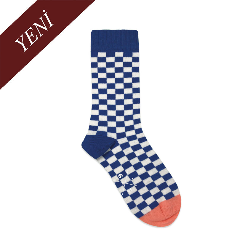 CHECKER COBALT BLUE Mavi Ekru Kareli Desenli Unisex Çorap - sixtimesfive