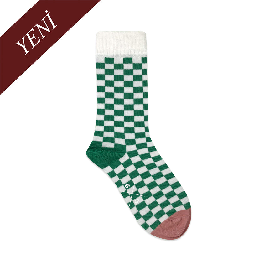 CHECKER GREEN Yeşil Ekru Kareli Desenli Unisex Çorap - sixtimesfive