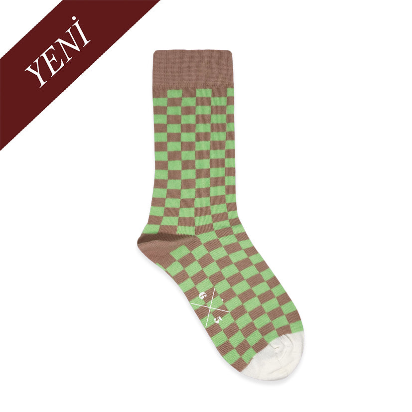 CHECKER PISTACHIO Yeşil Bej Kare Desenli Unisex Çorap - sixtimesfive