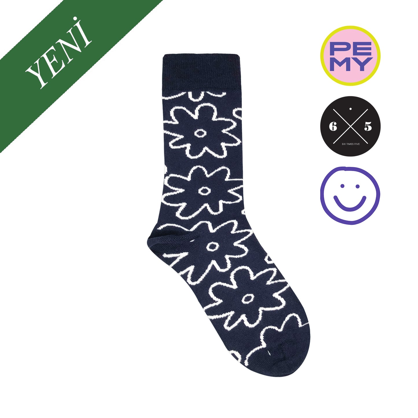 PEMY x SIX TIMES FIVE ''NAVY FLOWER'' Lacivert Çiçek Desenli Çorap - sixtimesfive