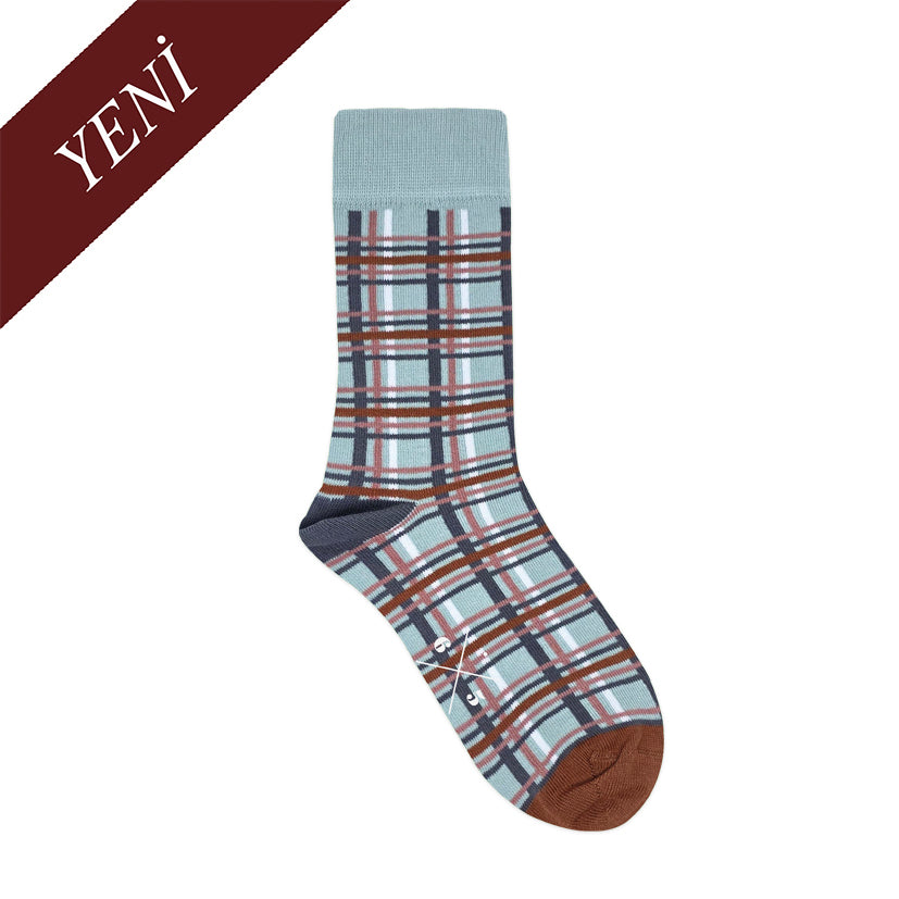 PLAID SOFT BLUE BURNT ORANGE Mavi Tarçın Ekose Desenli Unisex Çorap - sixtimesfive