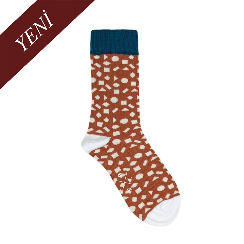 SHAPES CINNAMON Tarçın Mavi Bej Geometrik Desenli Unisex Çorap