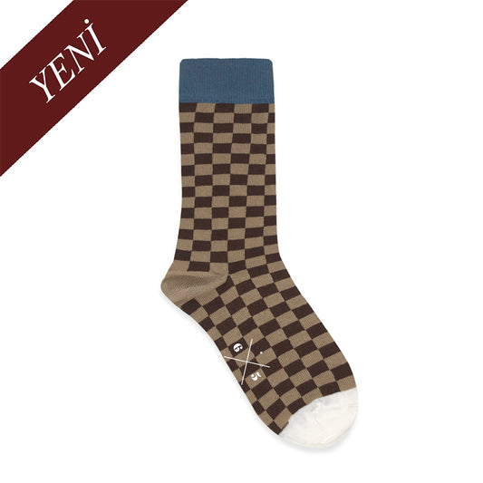 CHECKER MOCHA Kahverengi Mavi Kare Desenli Unisex Çorap