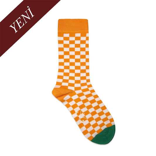 CHECKER ORANGE Turuncu Ekru Kareli Desenli Unisex Çorap - sixtimesfive