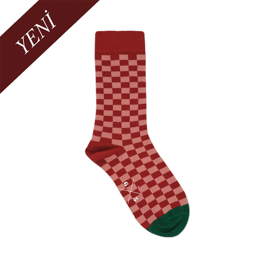 CHECKER XMAS Kırmızı Yeşil Yılbaşı Kare Desenli Unisex Çorap - sixtimesfive