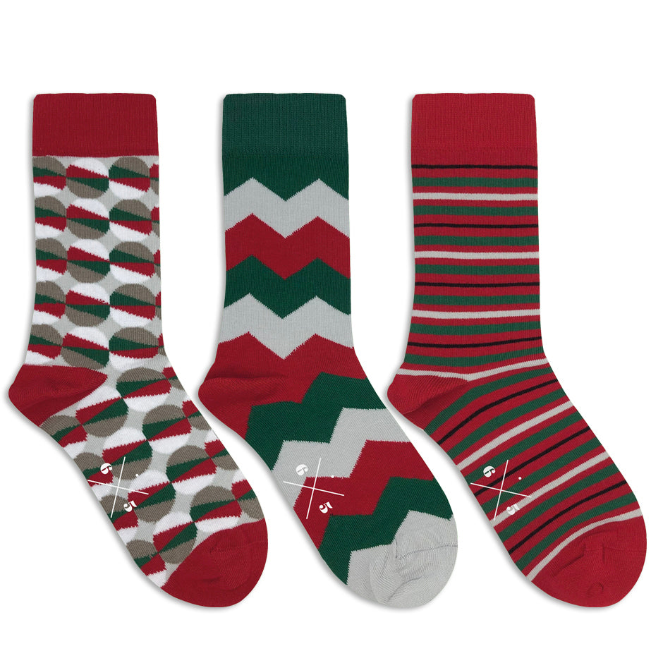 ECLIPSE + CHEVRON + STRIPES XMAS Yeşil Kırmızı Yılbaşı Desenli 3lü Unisex Çorap Seti - sixtimesfive