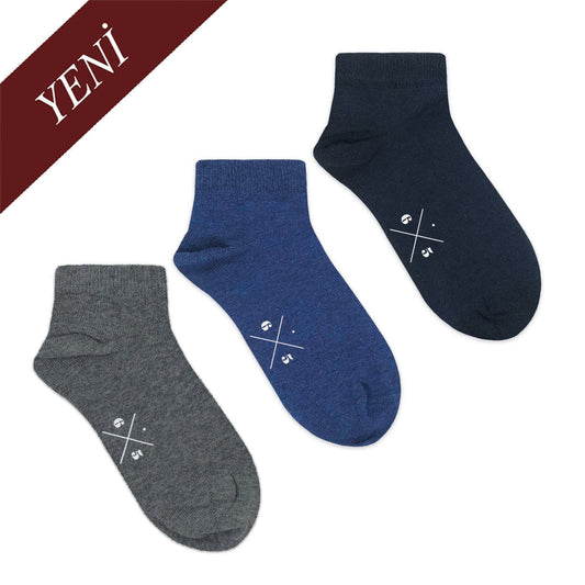 SHORT GREY MALANGE, INDIGO BLUE MELANGE, DARK NAVY 3 PACK Gri Mavi Lacivert Düz Kısa Unisex Çorap Seti - sixtimesfive