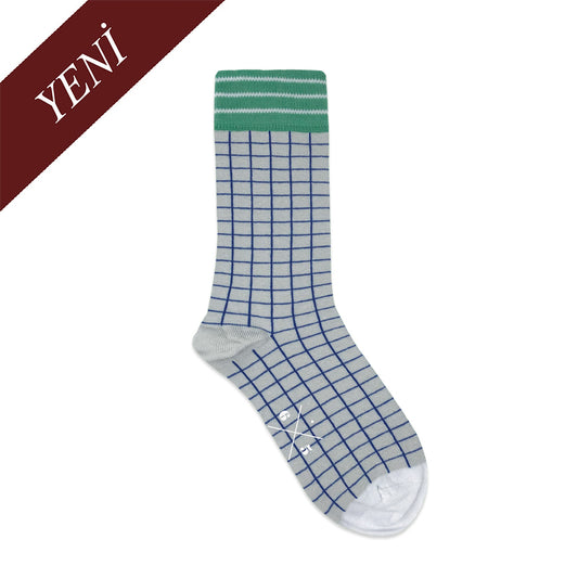 GRID GRAY BLUE Gri Mavi Beyaz Kare Desenli Unisex Çorap