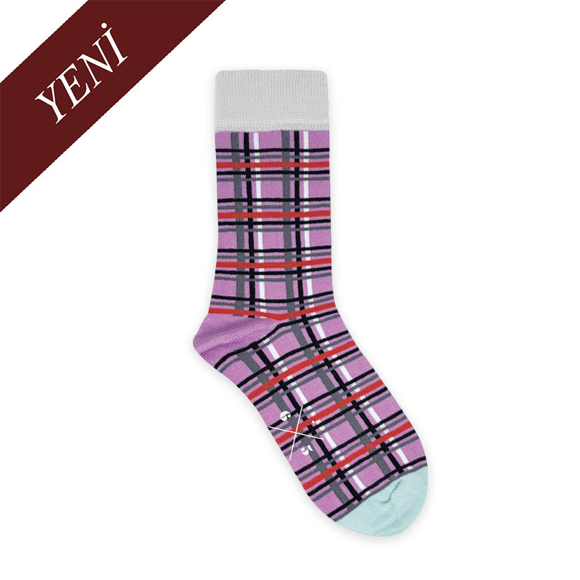 PLAID ORCHID MINT Mor Ekose Desenli Unisex Çorap