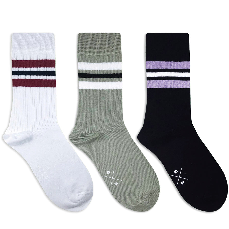 3 x TRIPLE STRIPES Beyaz Kırmızı Su Yeşili Siyah Lila Çizgili Unisex Çorap Seti - sixtimesfive