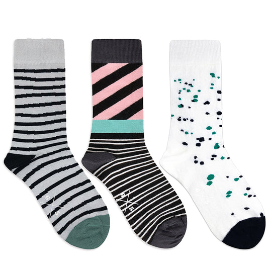 WAVY STRIPES + STRIPY + SPLASH Gri Mint Pembe Yeşil Siyah Beyaz Desenli Çizgili Unisex Çorap Seti - sixtimesfive