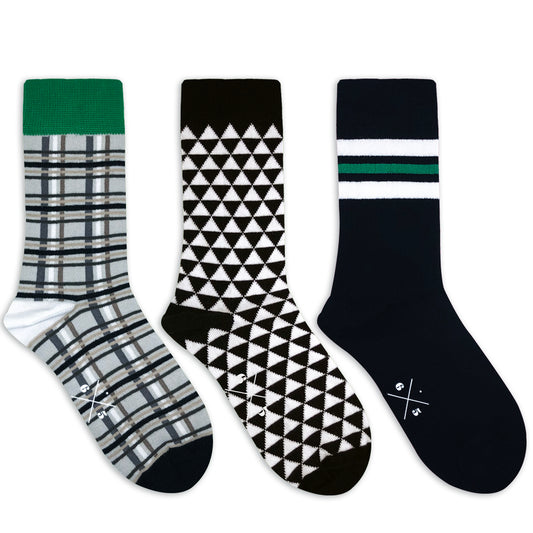 FLANNEL + TRIANGLES + TRIPLE STRIPES Yeşil Siyah Beyaz Çizgili Desenli Unisex Çorap Seti - sixtimesfive
